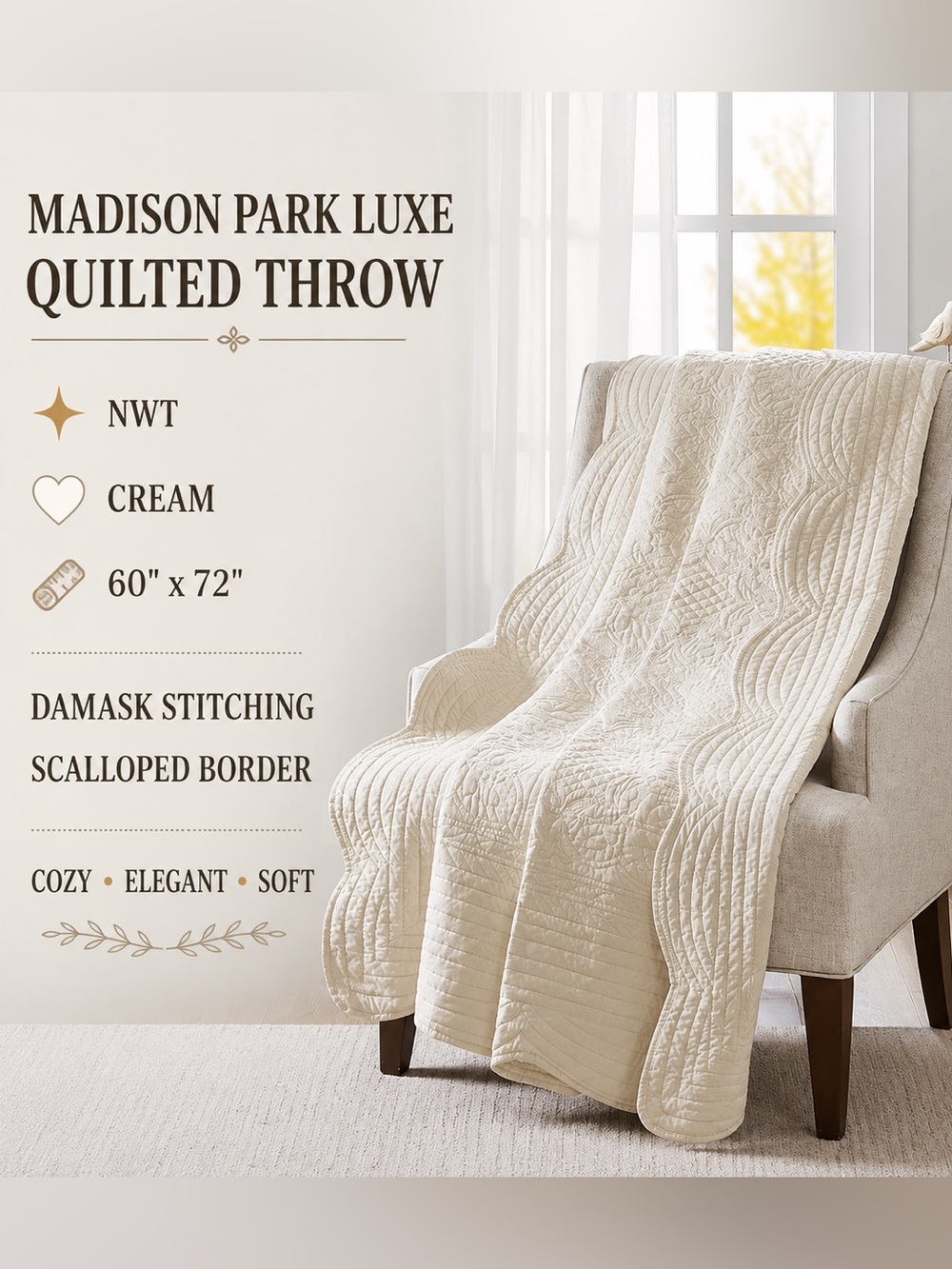 Madison Park Luxe Quilted Throw Blanket Cream Damask Stitch 60x72 Scalloped